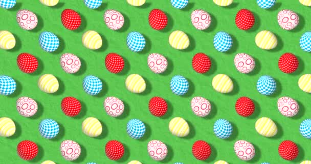 Bunte Hintergrund mit Ostereiern auf Gras. Festliche Kulisse für Instagram-Grußkarte, Facebook, Youtube-Kanal. Animation 3D-Renderer, Schleife 4k