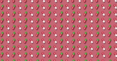 Kırmızı arka planda haplar. Instagram, facebook, youtube kanalı için parlak bir arkaplan. Canlandırma 3D render, döngü 4k