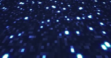 Mavi neon teknoloji geçmişi. Siber ortamda hareket eden parlak mavi poligonlar. Kusursuz döngü 4k