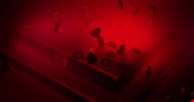 Kırmızı çokgen kalpler göz kamaştırıcı podyuma düşüyor. Sevgililer Günü etkinliği geçmişi. 3B çevrilebilir canlandırma 4k