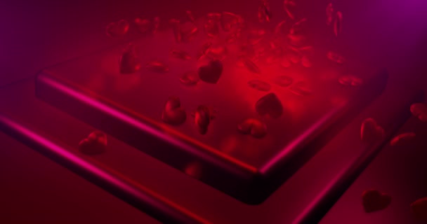 Rote polygonale Herzen fallen auf das glamouröse Podium. Valentinstag Ereignis Hintergrund. 3D Rendering loopable Animation 4k — Stockvideo