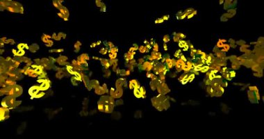 Siyah arkaplana düşen üç boyutlu altın semboller. Finans olayı geçmişi. 3B görüntüleme döngüsü 4k