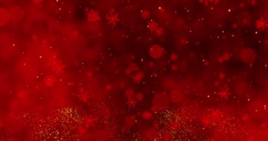 Kırmızı konfeti, kar taneleri ve kırmızı Noel arka planında Bokeh ışıkları.