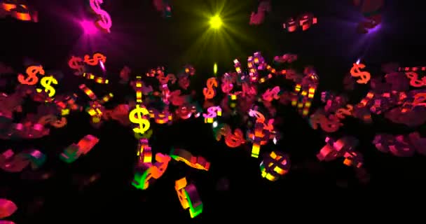 Golden 3d dollar symbols falling in neon lights falling. Finance event background. 3D render loop 4k — Stock Video