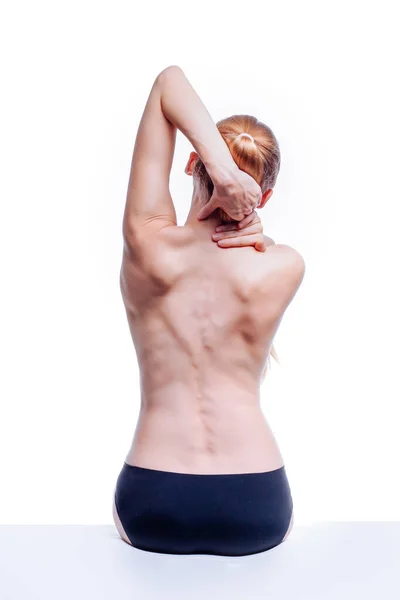 Beautiful Athletic Woman Body Back Pain Nude Woman Shorts Studio Stock Photo