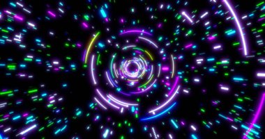 Parlayan neon hatları tüneli. Mavi kırmızı pembe ve mor renkli ışıklandırma. Uzayda flüoresan ultraviyole ışıklar var. Kusursuz 3D görüntüleme arkaplanı. Sanal gerçeklik tasarımı 3D görüntüleme. 3B illüstrasyon