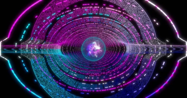 データトンネルを備えたネオンサークルの背景 蛍光抽象的な青 紫のスペクトル色 紫外線だ 仮想現実未来設計3Dレンダリング 技術設計 — ストック写真