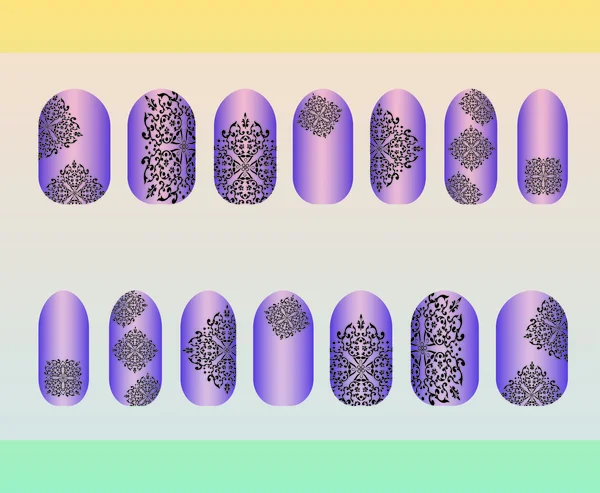 Adesivos de unhas, modelos, mandala, preto, cinza, branco. Conjunto de manicure design. Pode ser usado para arte de unhas falsas para casamento, feriado, festa e para a vida cotidiana . — Vetor de Stock