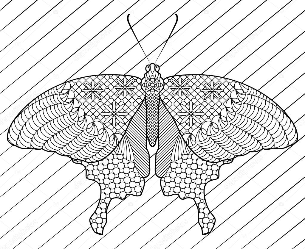Vector coloring of a butterfly on a background of mandalas for children and adults. Illustrations in the style of zentangle antistress. Template for printing onto fabric and paper, you can use to design t-shirts, bags, postcards and poster.