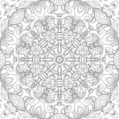 Mandala sorunsuz çiçek desenli çiçek ve kalpleri ile. Yetişkin ve büyük çocuk, siyah ve beyaz için boyama sayfaları. Seamless modeli. Doodle dantel mandala süsleme. Vektör çizim.