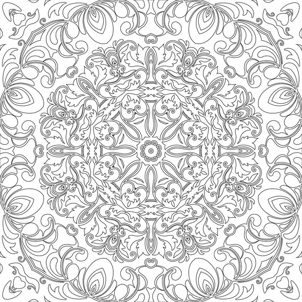 Mandala motif floral sans couture avec des fleurs et des cœurs. Coloriages pour adultes et enfants plus âgés, blanc et noir. Modèle sans couture. Doodle dentelle mandala ornement. Illustration vectorielle . — Image vectorielle