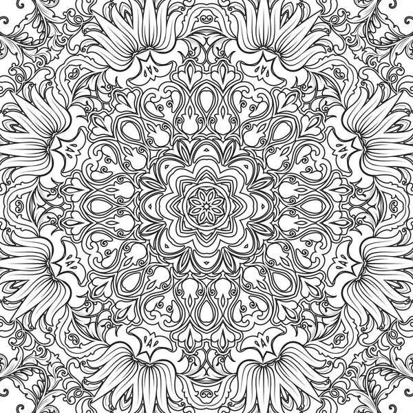 Mandala motif floral sans couture avec des fleurs et des cœurs. Coloriages pour adultes et enfants plus âgés, blanc et noir. Modèle sans couture. Doodle dentelle mandala ornement. Illustration vectorielle . — Image vectorielle