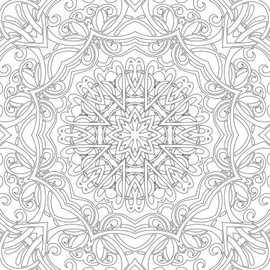 Mandala sorunsuz çiçek desenli çiçek ve kalpleri ile. Yetişkin ve büyük çocuk, siyah ve beyaz için boyama sayfaları. Seamless modeli. Doodle dantel mandala süsleme. Vektör çizim.