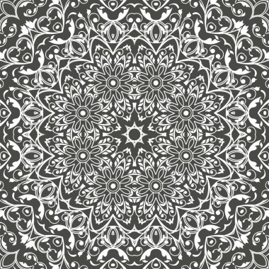 Mandala sorunsuz çiçek desenli çiçek ve yaprakları ile. Boyama, beyaz ve siyah. Seamless modeli. Dantel mandala doodle. Vektör çizim.