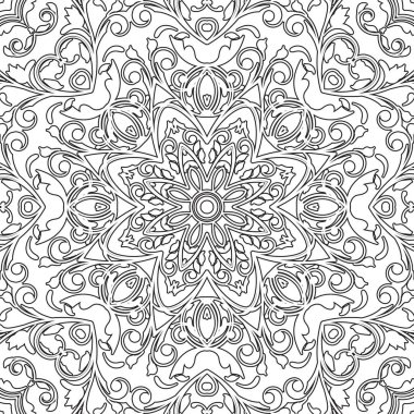 Mandala sorunsuz çiçek desenli çiçek ve kalpleri ile. Yetişkin ve büyük çocuk, siyah ve beyaz için boyama sayfaları. Seamless modeli. Doodle dantel mandala süsleme. Vektör çizim.