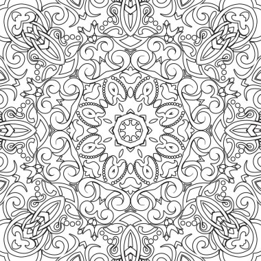 Mandala sorunsuz çiçek desenli çiçek ve kalpleri ile. Yetişkin ve büyük çocuk, siyah ve beyaz için boyama sayfaları. Seamless modeli. Doodle dantel mandala süsleme. Vektör çizim.