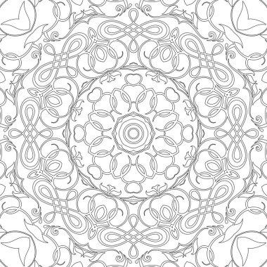 Mandala sorunsuz çiçek desenli çiçek ve kalpleri ile. Yetişkin ve büyük çocuk, siyah ve beyaz için boyama sayfaları. Seamless modeli. Doodle dantel mandala süsleme. Vektör çizim.