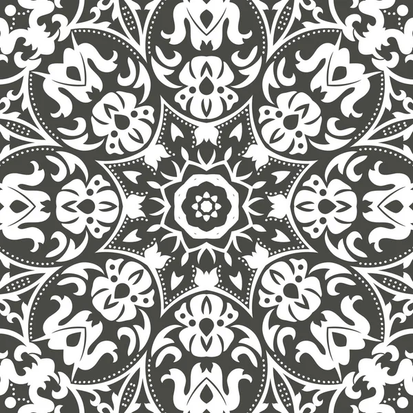 Mandala sömlös blommönster med blommor och blad. Färg, vit och svart. Seamless mönster. Doodle spets mandala. Vektorillustration. — Stock vektor