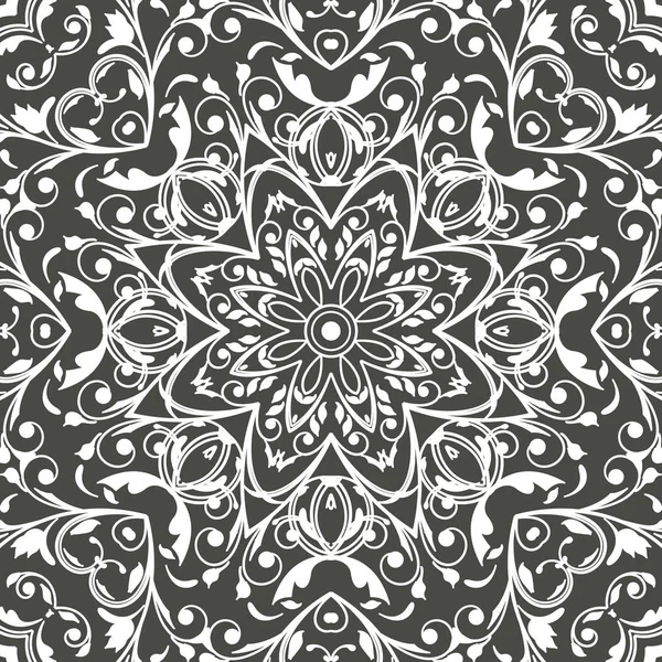 Mandala zökkenőmentes virágmintás virágok és levelek. Színezés, fehér és fekete. Varrat nélküli mintát. Doodle csipke mandala. Vektoros illusztráció. — Stock Vector