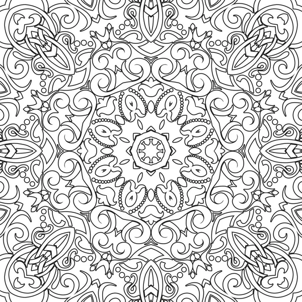 Mandala motif floral sans couture avec des fleurs et des cœurs. Coloriages pour adultes et enfants plus âgés, blanc et noir. Modèle sans couture. Doodle dentelle mandala ornement. Illustration vectorielle . — Image vectorielle