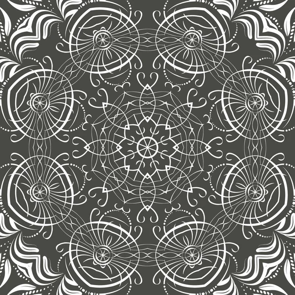Mandala motif floral sans couture avec des fleurs et des feuilles. Coloriage blanc et noir. Modèle sans couture. Mandala en dentelle de caniche. Illustration vectorielle . — Image vectorielle