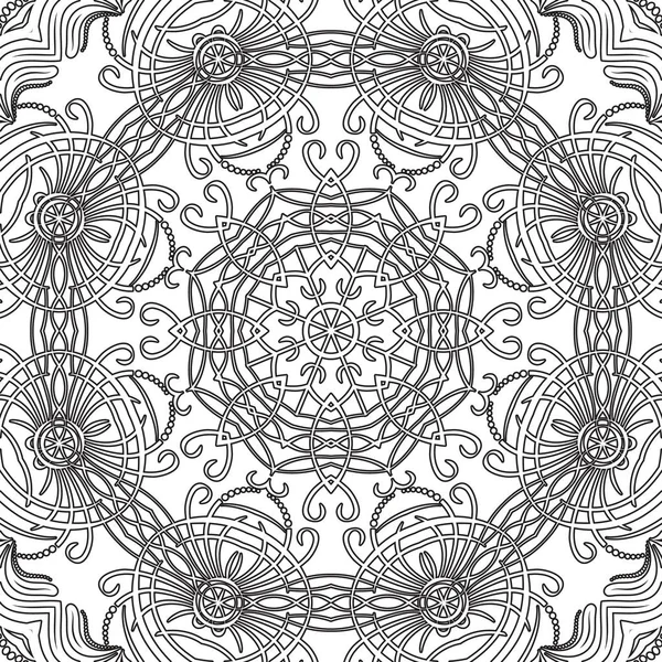 Mandala motif floral sans couture avec des fleurs et des cœurs. Coloriages pour adultes et enfants plus âgés, blanc et noir. Modèle sans couture. Doodle dentelle mandala ornement. Illustration vectorielle . — Image vectorielle