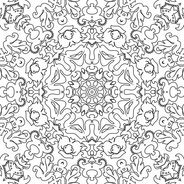 Mandala motif floral sans couture avec des fleurs et des cœurs. Coloriages pour adultes et enfants plus âgés, blanc et noir. Modèle sans couture. Doodle dentelle mandala ornement. Illustration vectorielle . — Image vectorielle