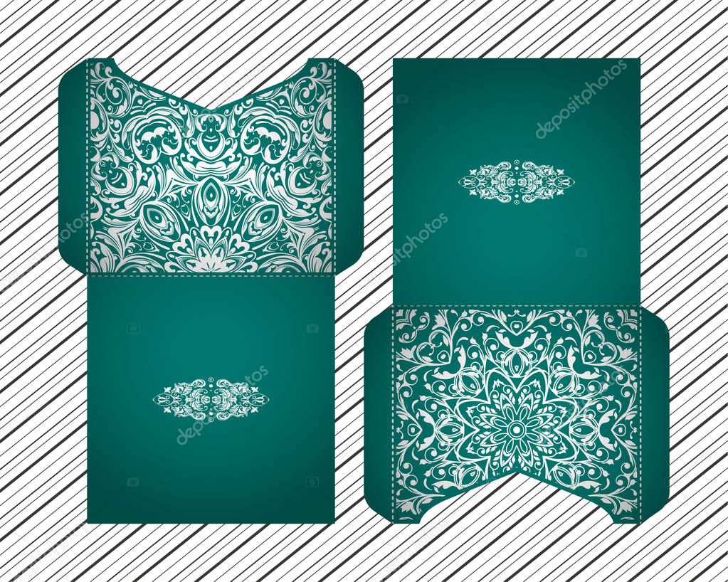 Vector wedding invitation with laser cut patterns of the mandala. Envelope design, ethnic style laser cut invitations. Collection envelopes for laser cutting.