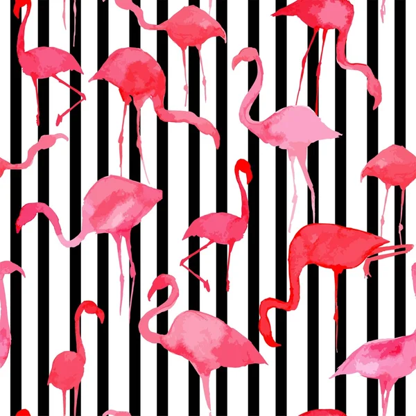 Flamingo aquarel silhouet patroon, zwart / wit gestreept — Stockvector