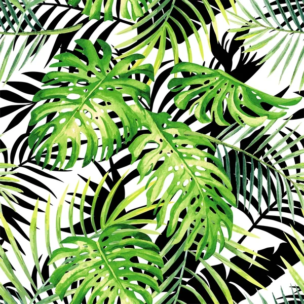 Tropical plants watercolor pattern, black and white leaves silho — Stock Vector