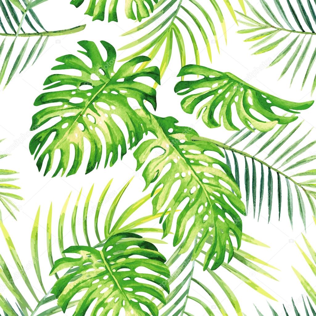 tropical plants watercolor summer seamless background