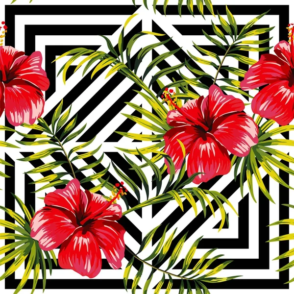 히 비 스커 스와 팜 잎 열 대 꽃 패턴, geome 그림 — 스톡 벡터