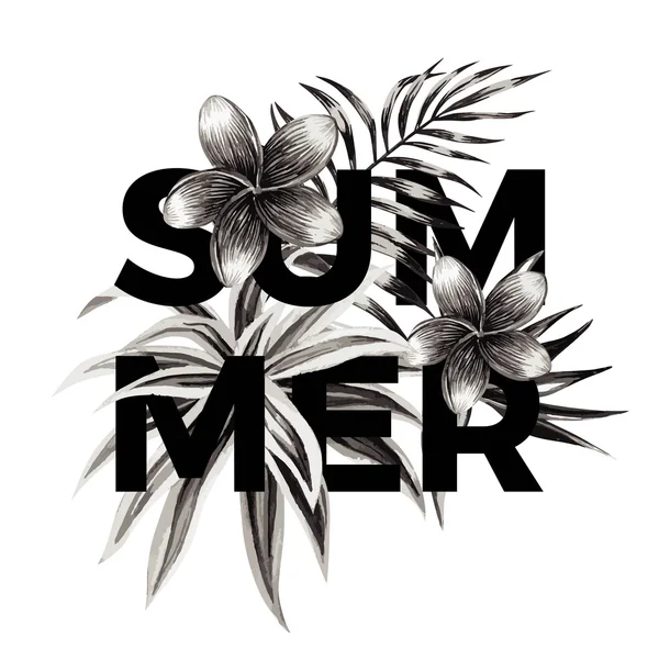 Slogan d'été. Imprimé floral noir et blanc — Image vectorielle