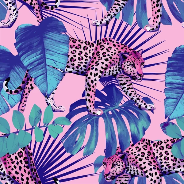 Leopardo y plantas tropicales sin costura de fondo — Vector de stock