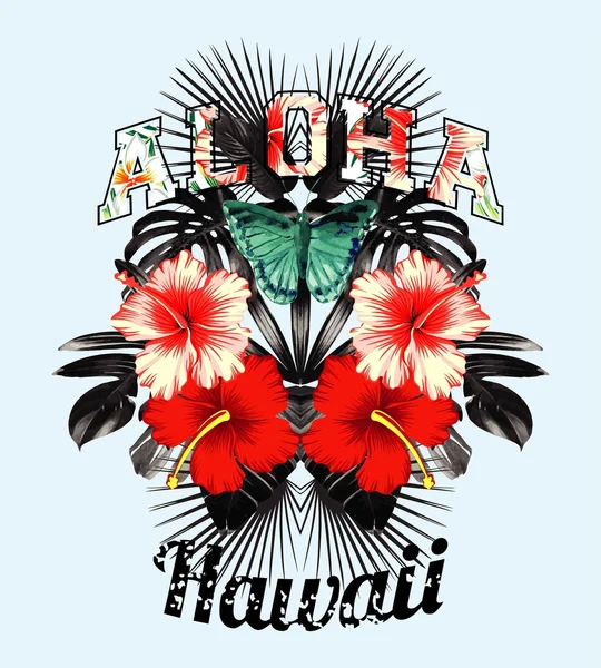 Aloha Hawaii. Roze hibiscus en zwarte bladeren spiegel illustratie — Stockvector