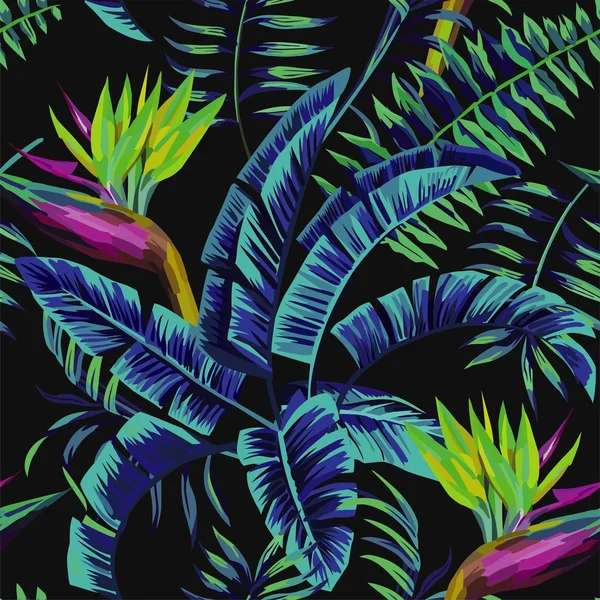 Plantas tropicales en la noche de la selva — Vector de stock