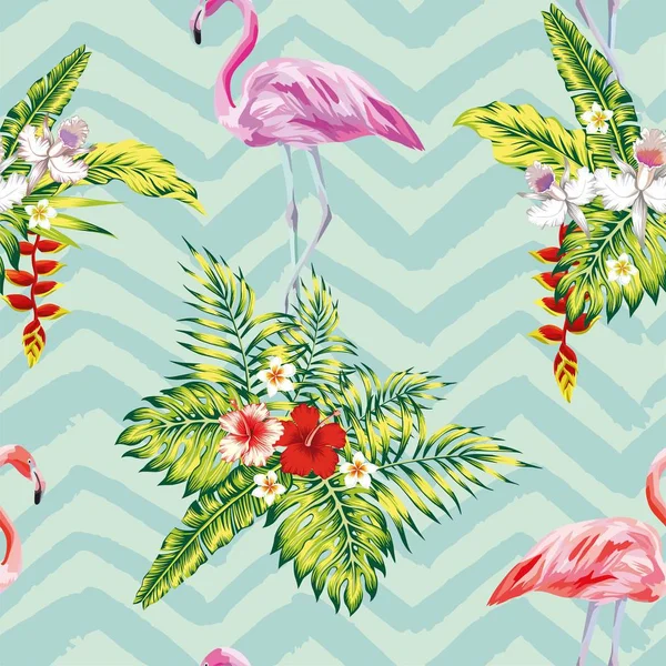 Flamingo e flores de plantas tropicais — Vetor de Stock