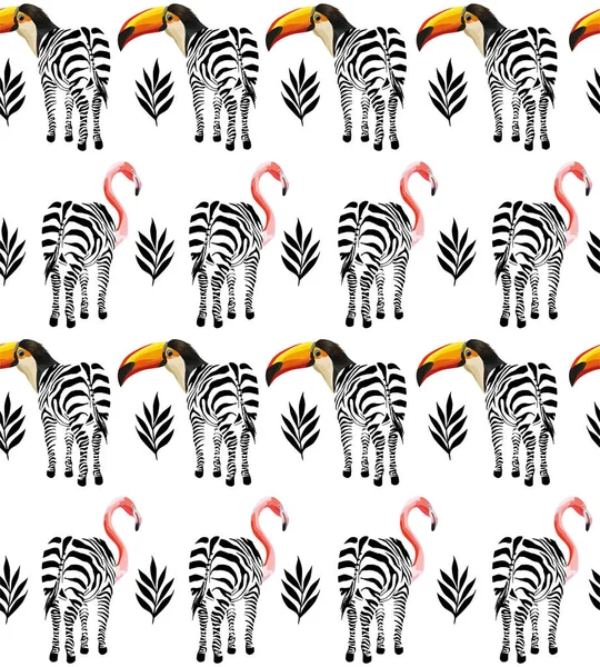 外来动物斑马巨嘴鸟火烈鸟时尚热带图案 — 图库矢量图片