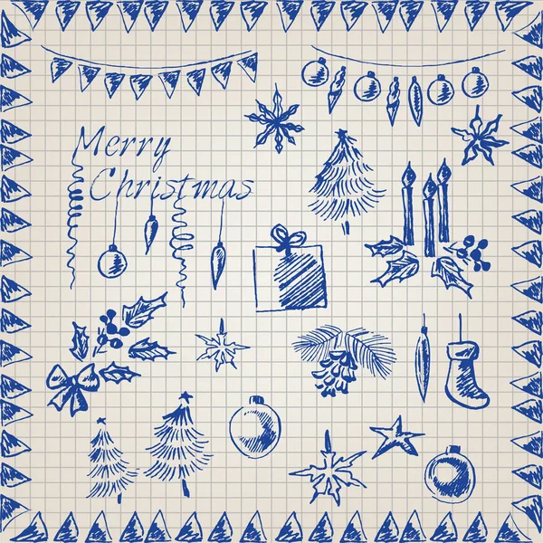 Natal azul tinta set sobre papel na gaiola —  Vetores de Stock