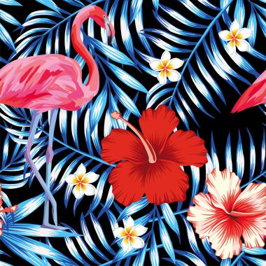 Mavi desen Hibiscus flamingo plumeria palmiye yaprakları