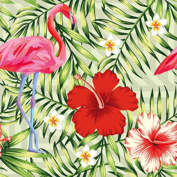 Hibisco flamingo plumeria hojas de palma patrón verde — Vector de stock
