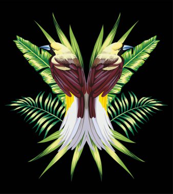 bird with tropical banana leaves in mirror style clipart