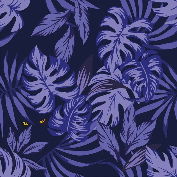 Modello di foglie tropicali notturne con pantera occhi — Vettoriale Stock