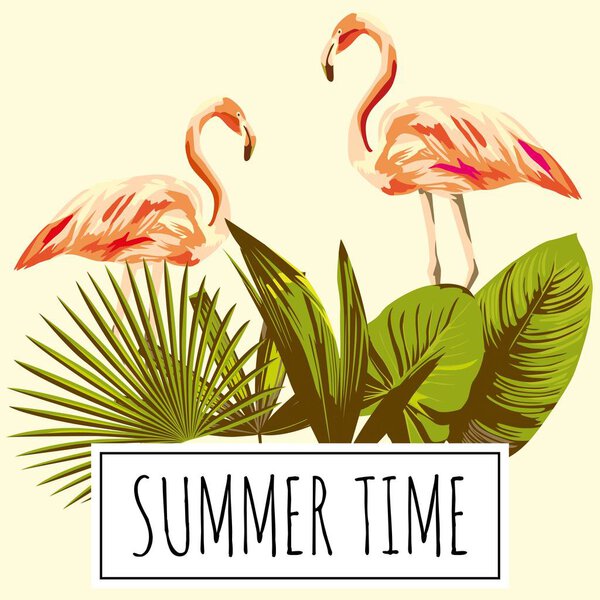 Slogan summer time tropical leaves flamingo retro, vintage backg