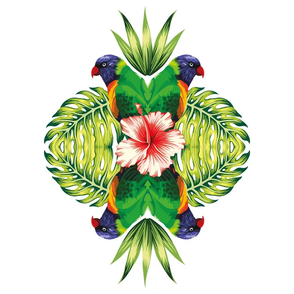 Papuga, rośliny i tło biały kwiat hibiskusa — Wektor stockowy