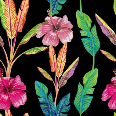 hibiscus çiçek siyah artalanları yeşil muz yaprakları