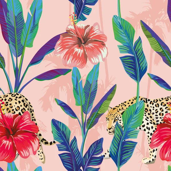 hibiscus leopar seamless modeli pembe palm backgr muz yaprakları