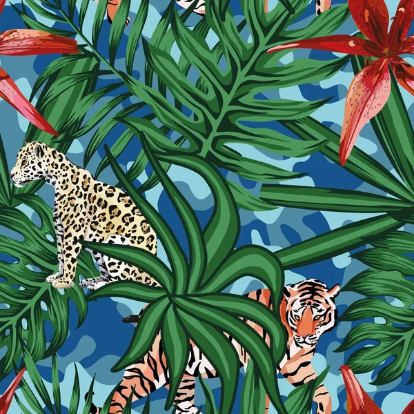 Tigre leopardo hojas tropicales lirio sin costuras camuflaje fondo — Vector de stock