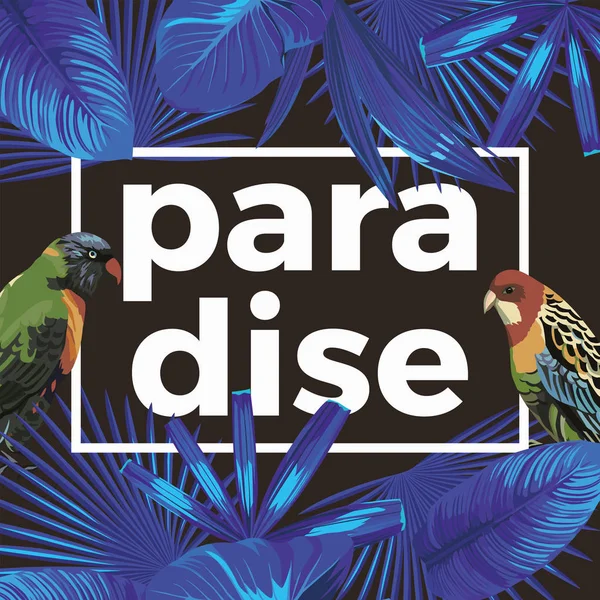 slogan paradise parrots tropical leaves dark background