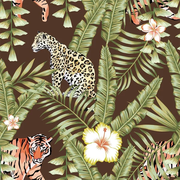 Τροπικά φύλλα μοτίβο τίγρης πάνθηρας καφέ φόντο — Διανυσματικό Αρχείο